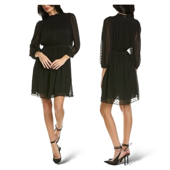 REBECCA Taylor Clip Dot Shirt Long Semi Sheer Sleeve Mini Dress NEW size 6 - Picture 3 of 11